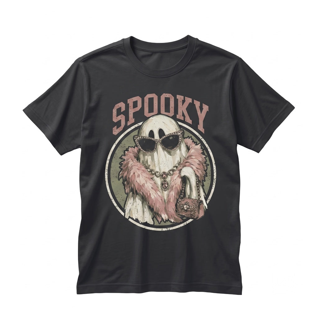 Spooky Ghost with Feather Boa Cute Halloween Womens Fall Season Graphic Unisex TShirt