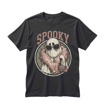 Spooky Ghost with Feather Boa Cute Halloween Womens Fall Season Graphic Unisex TShirt