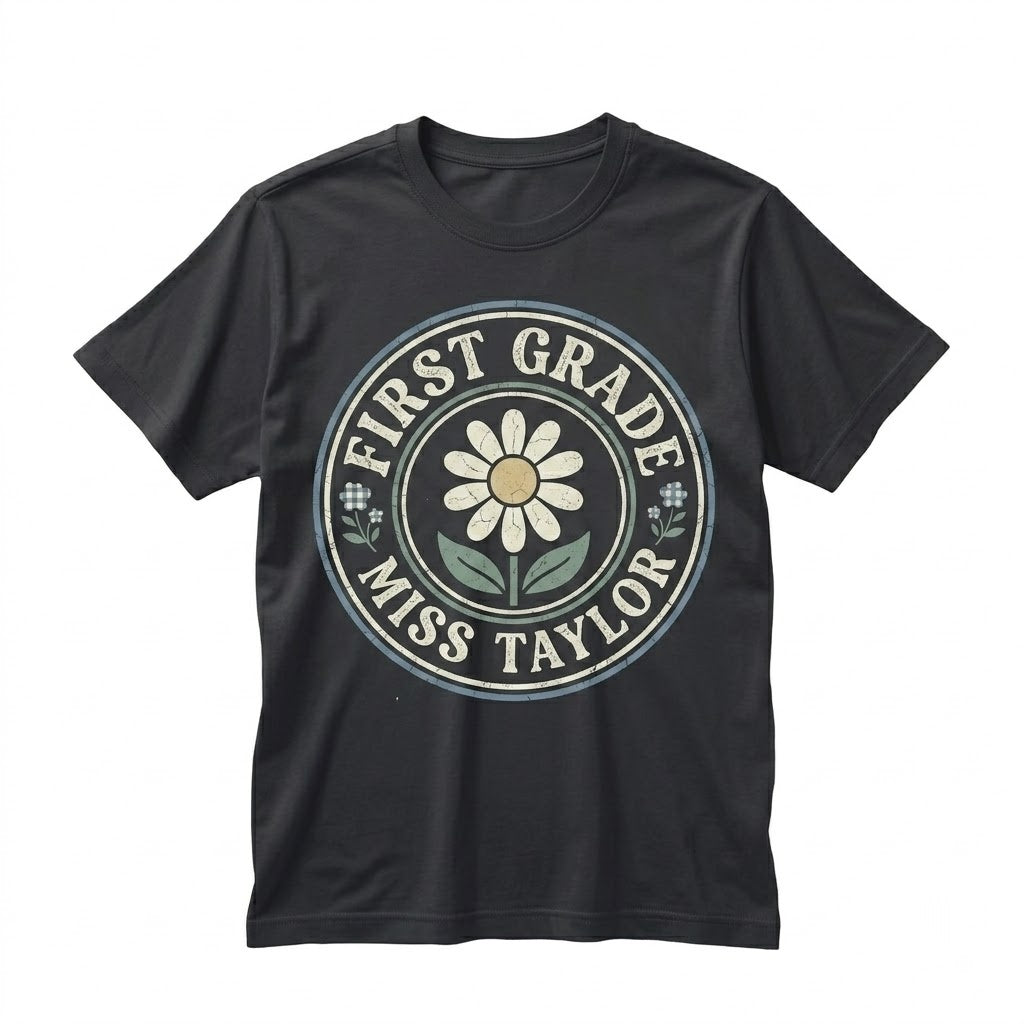 1st Grade Teacher Floral Blue Faux Patchwork Educator Back to School Matching Team Group Unisex TShirt