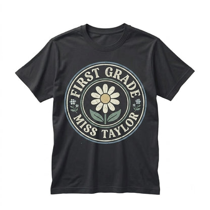 1st Grade Teacher Floral Blue Faux Patchwork Educator Back to School Matching Team Group Unisex TShirt