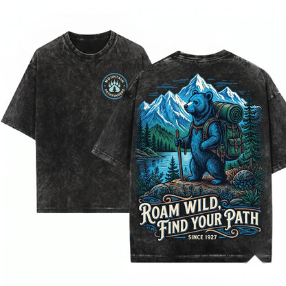 Vintage Hiking Bear Graphic Woodland Adventure Camping Nature Lover Outdoor Wildlife Gift Unisex Wash T-Shirt