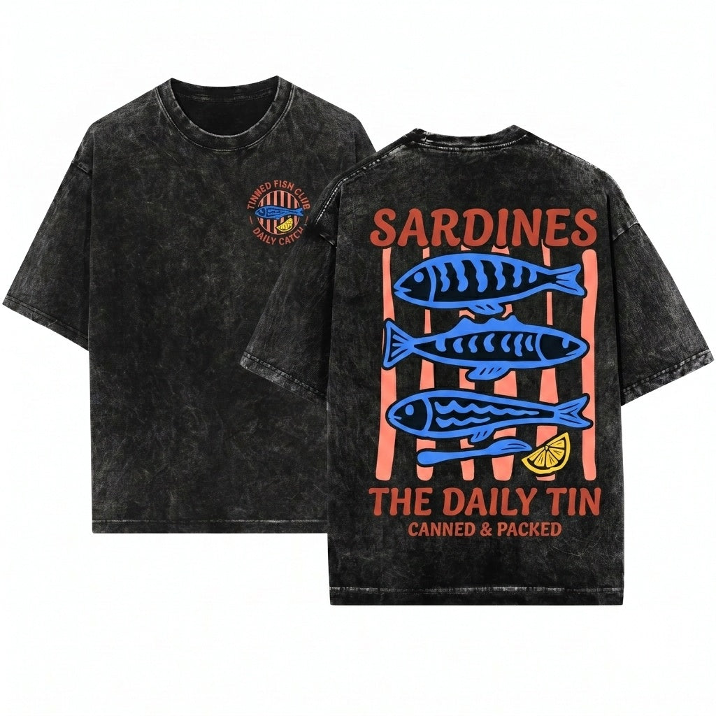 Vintage Sardines Graphic Portugal Coastal Style Unisex Wash T-Shirt