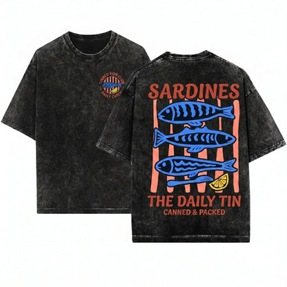 Vintage Sardines Graphic Portugal Coastal Style Unisex Wash T-Shirt
