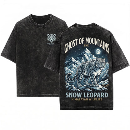 Retro Snow Leopard Mountain Graphic Alpine Wildlife Rugged Wilderness Nature Big Cat Lover Gift Unisex Wash T-Shirt