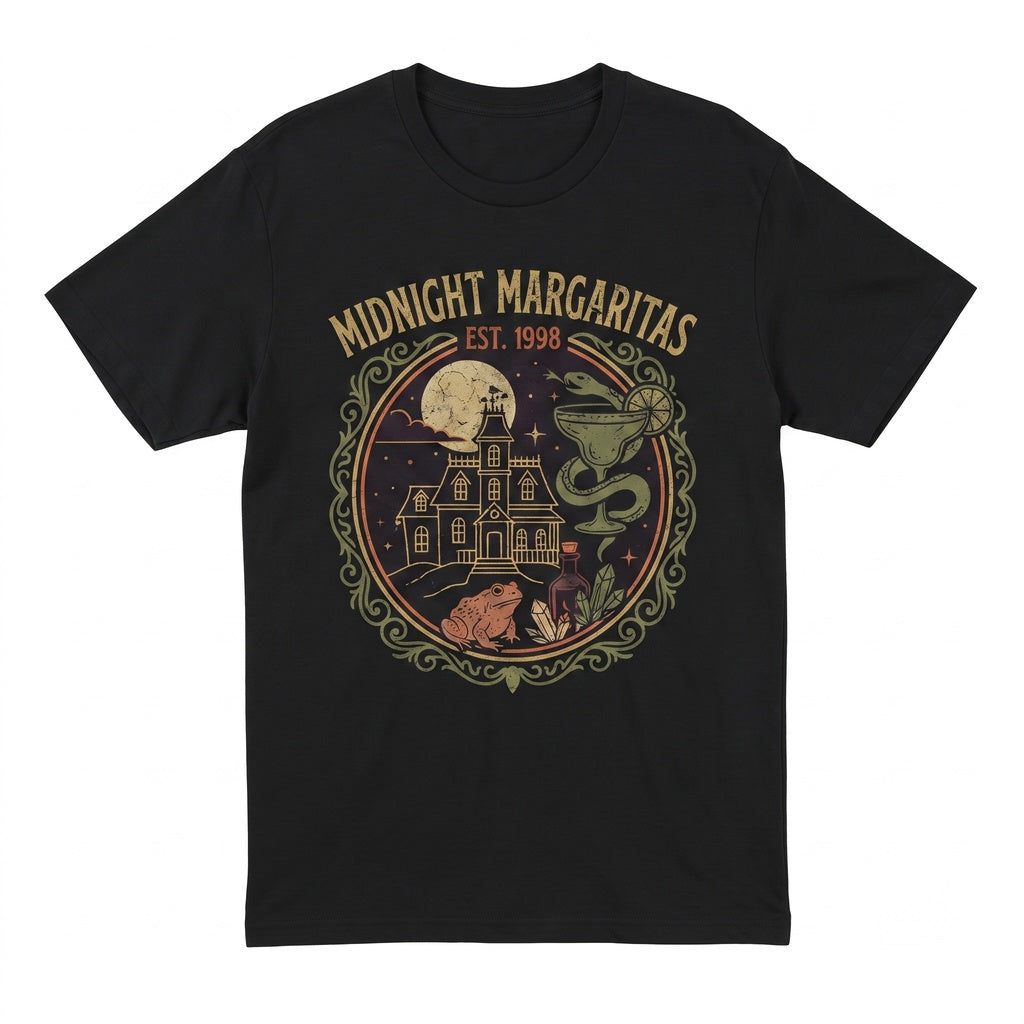 Midnight Margaritas Vintage Witchy Cocktail Gothic Victorian House Halloween Apparel Unisex TShirt