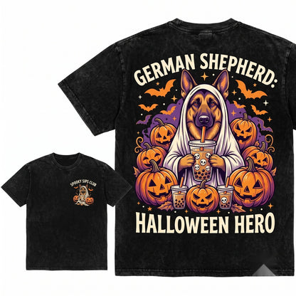 Customized Dog Breeds Halloween Funny Pumpkin Coffee Trick or Treat Cute Costume Unisex Wash T-Shirt