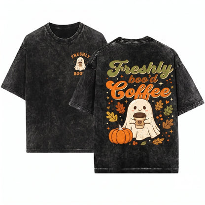 Freshly Bood Coffee Vintage Halloween Ghost Lover Unisex Wash T-Shirt