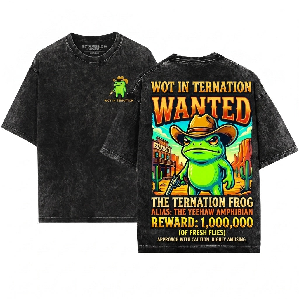 Wot In Tarnation Embroidered Cowboy Frog Unisex Wash T-Shirt