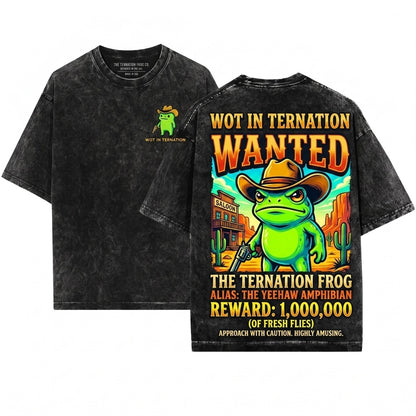 Wot In Tarnation Embroidered Cowboy Frog Unisex Wash T-Shirt