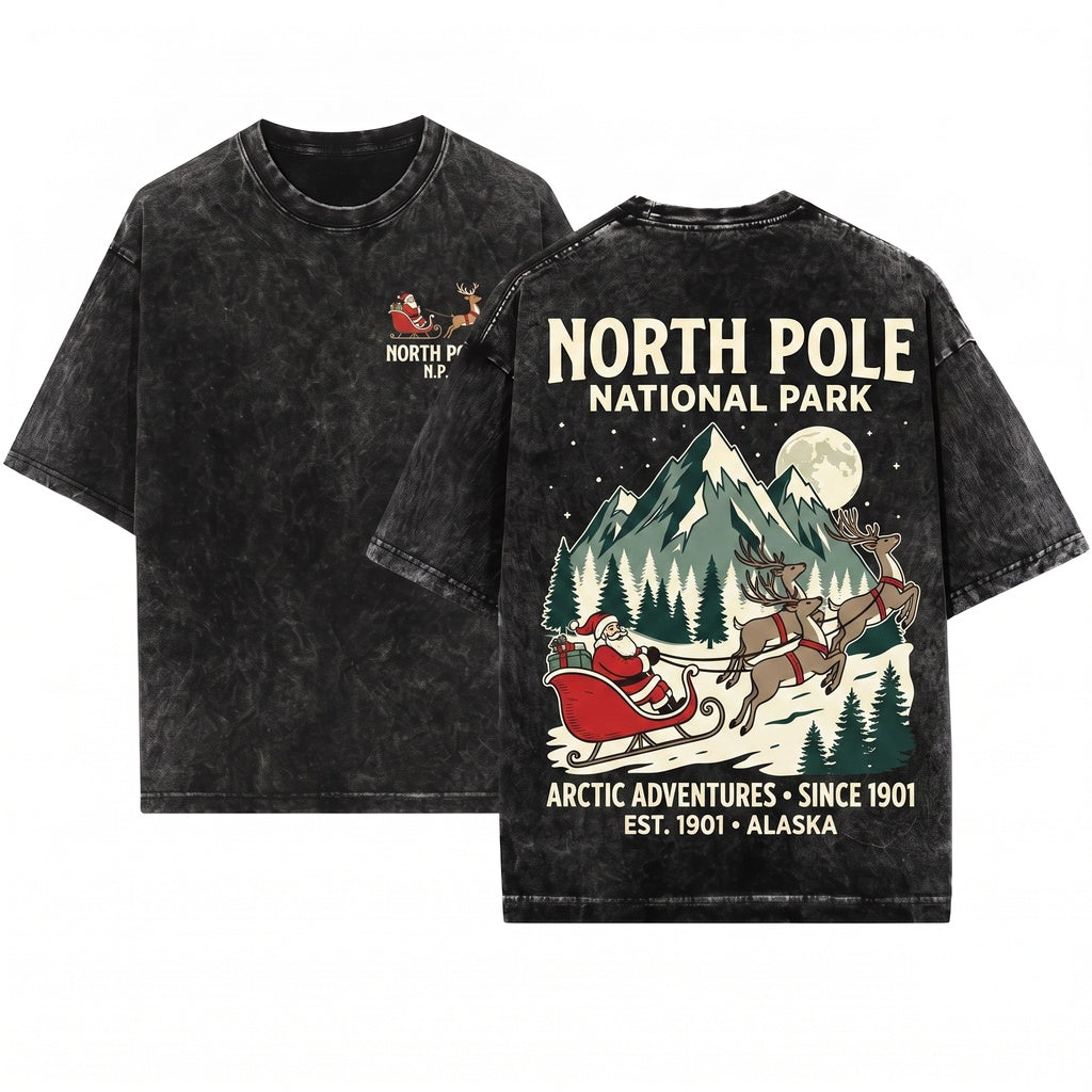 North Pole National Park Christmas Vintage Graphic Unisex Wash T-Shirt