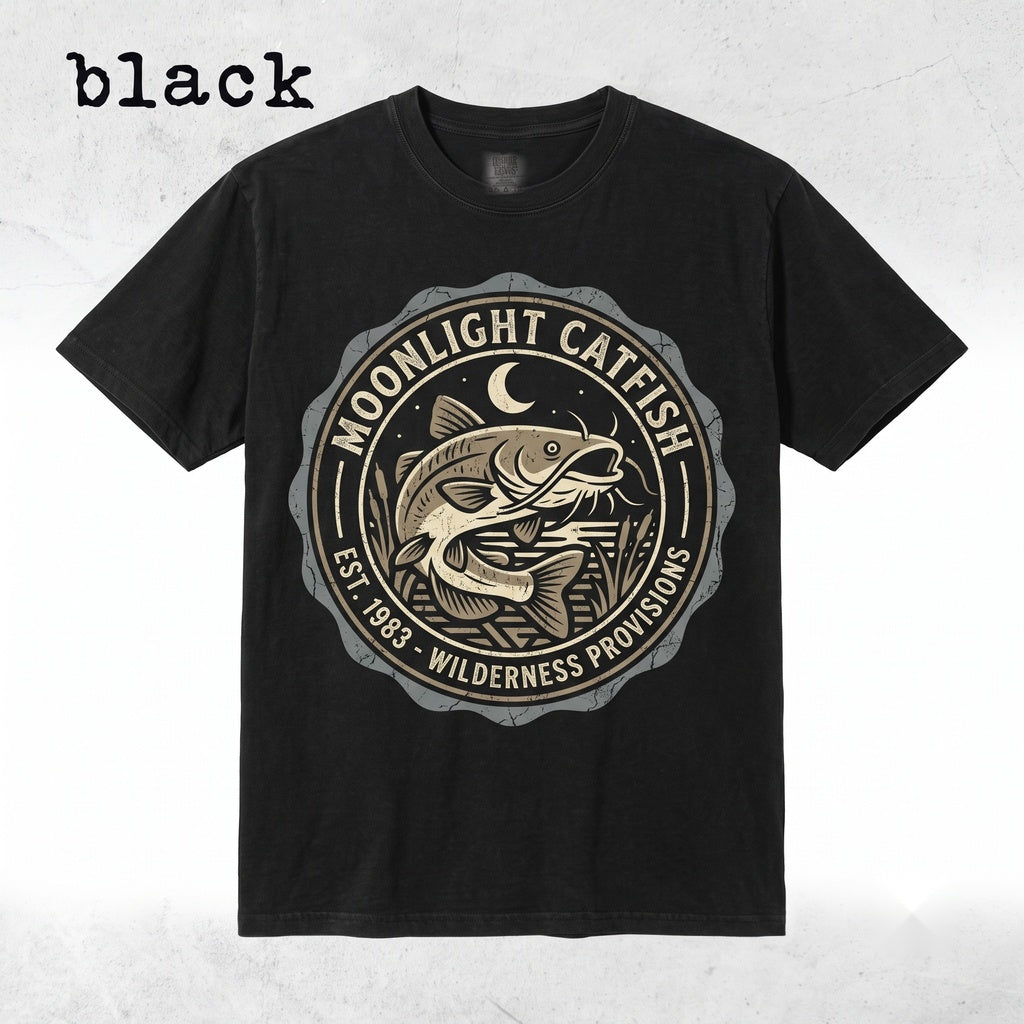 Catfish 90s Moonlit Lake Graphic Fisherman Gift Outdoor Adventure Unisex TShirt