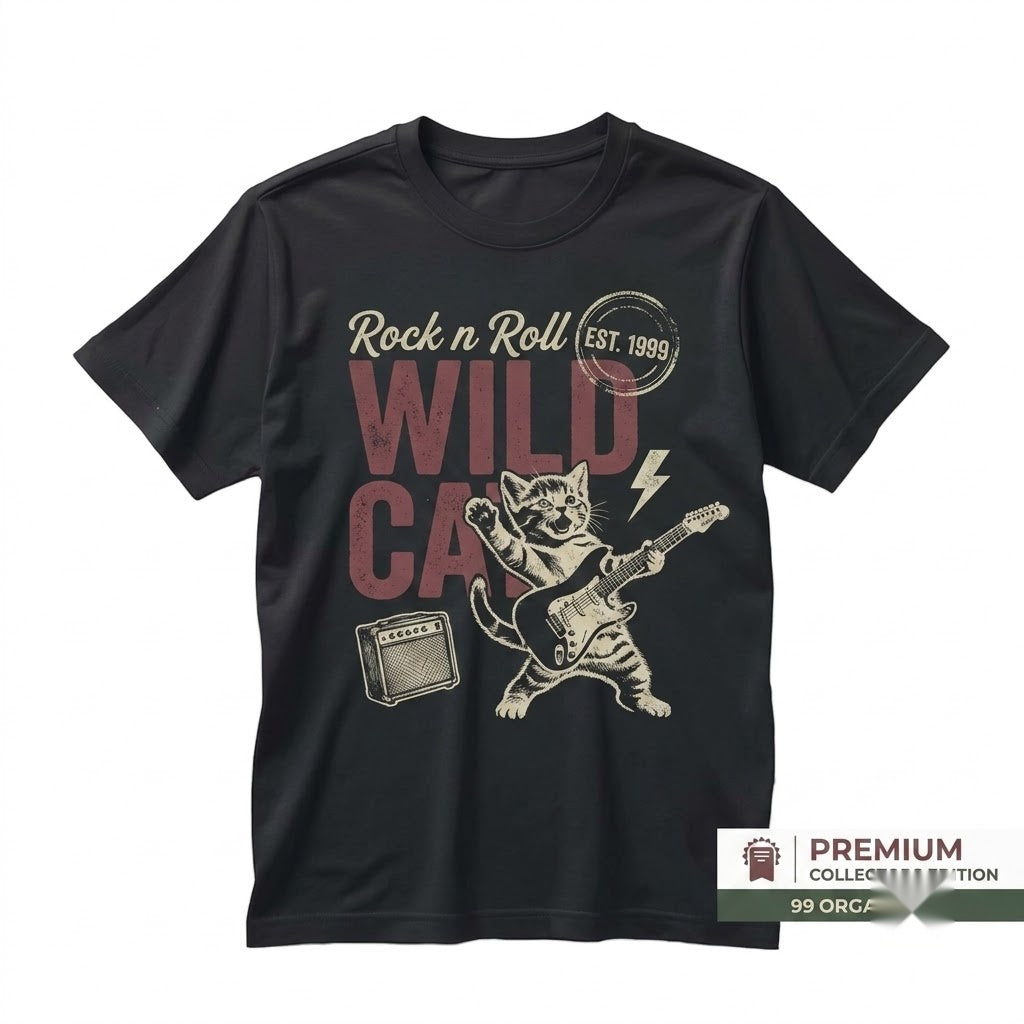 Funny Retro Rock N Roll Cat Guitar Player Wild Feline Musician Lovers Graphic Gift Unisex TShirt