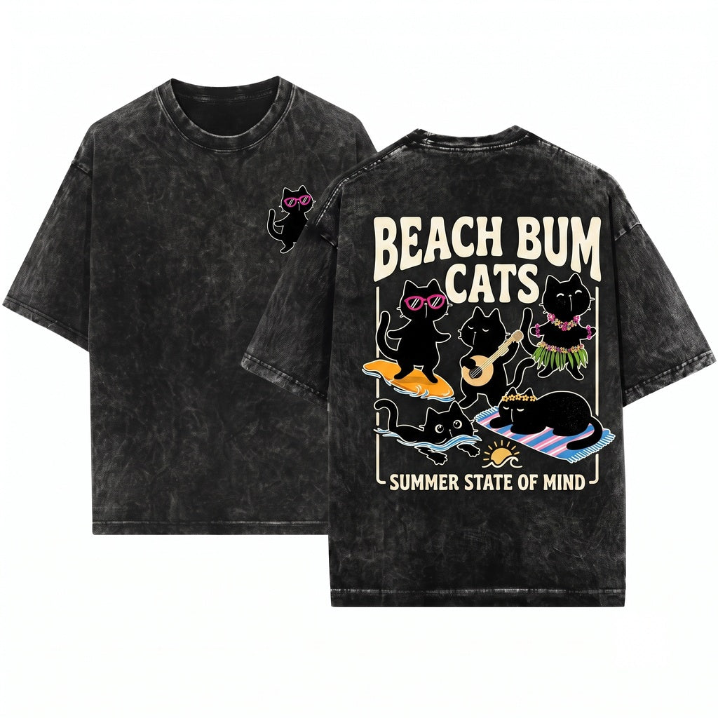 Funny Beach Vacation Aloha Surfing Black Cat Lover Unisex Wash T-Shirt