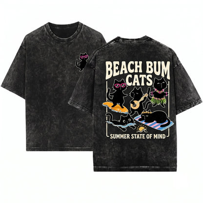 Funny Beach Vacation Aloha Surfing Black Cat Lover Unisex Wash T-Shirt