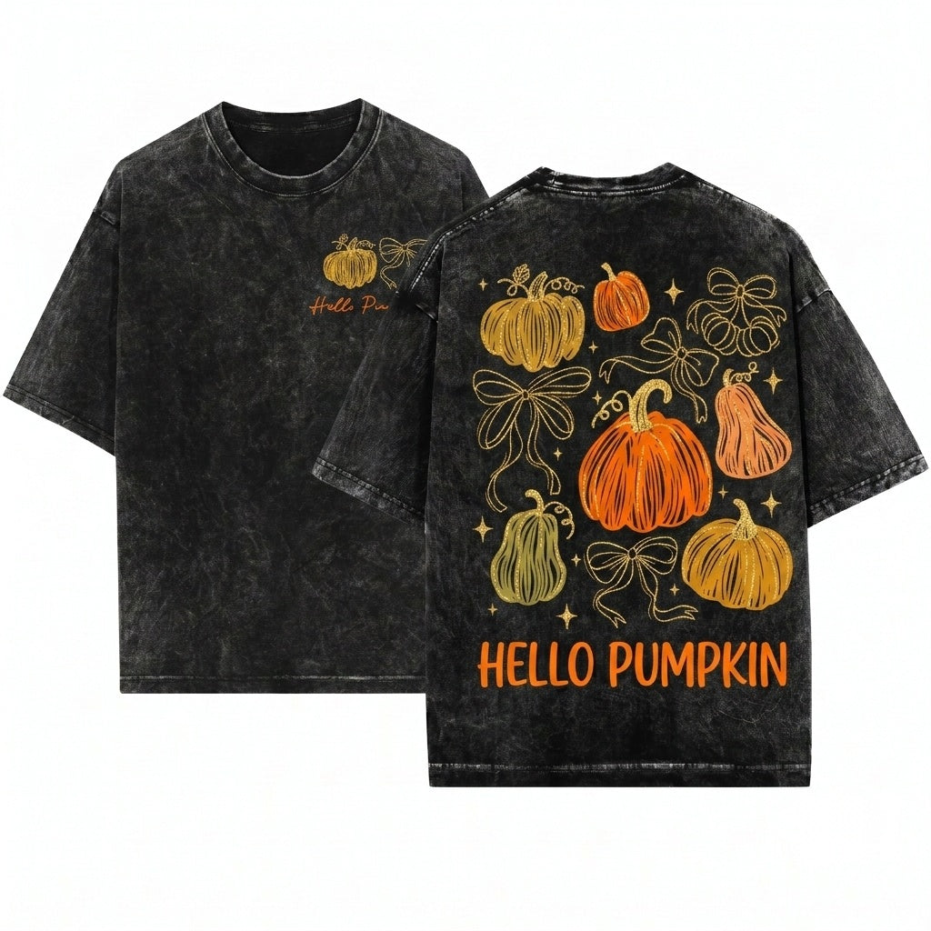 Glitter Orange Bow Pumpkin Fall Harvest Thanksgiving Season Doodle Graphic Unisex Wash T-Shirt