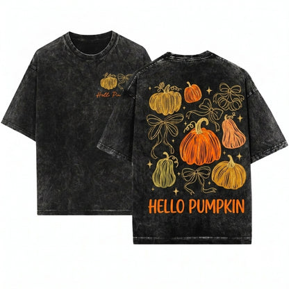 Glitter Orange Bow Pumpkin Fall Harvest Thanksgiving Season Doodle Graphic Unisex Wash T-Shirt