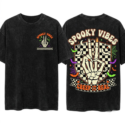 Spooky Vibes Retro Skeleton Hand Halloween Pocket Unisex Wash T-Shirt