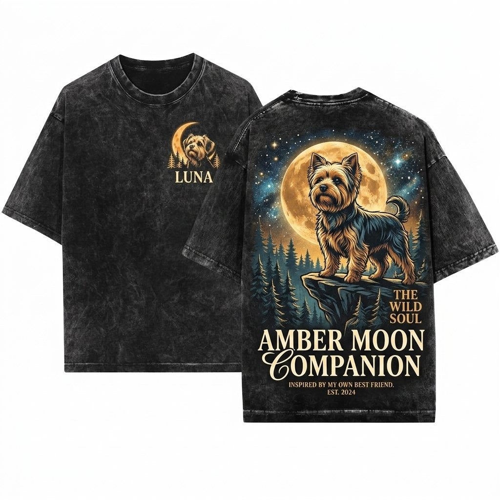 Yorkie Howling Moon Vintage 90s Retro Animal Graphic Mom Gift Full Floppy Ears Unisex Wash T-Shirt