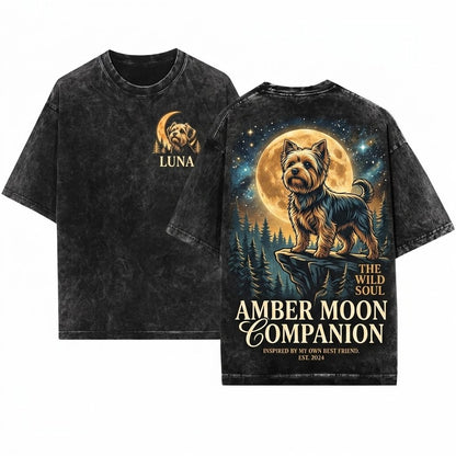 Yorkie Howling Moon Vintage 90s Retro Animal Graphic Mom Gift Full Floppy Ears Unisex Wash T-Shirt