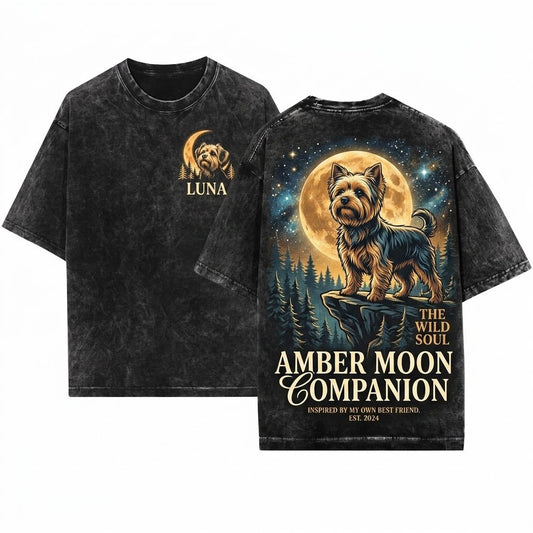 Yorkie Howling Moon Vintage 90s Retro Animal Graphic Mom Gift Full Floppy Ears Unisex Wash T-Shirt