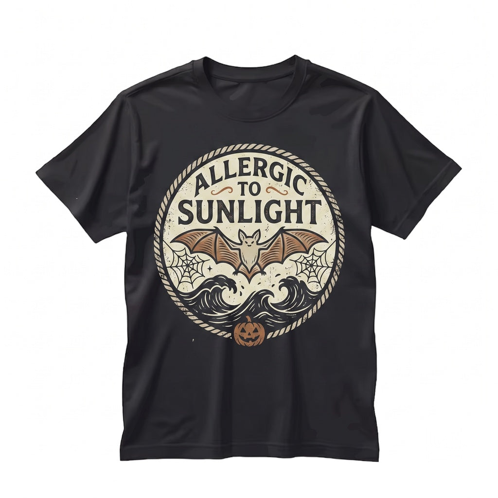 Allergic To Sunlight Funny Spooky Goth Black and White Alt Sarcastic Bat Summer Unisex TShirt