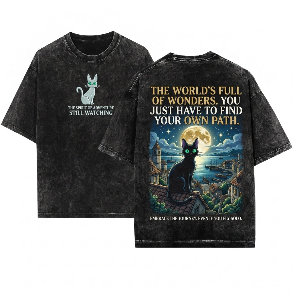 Jiji Black Cat Embroidered Tee Whimsical Witchy Familiar Vibes Cozy Book Lovers Unisex Wash T-Shirt