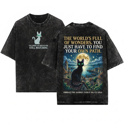 Jiji Black Cat Embroidered Tee Whimsical Witchy Familiar Vibes Cozy Book Lovers Unisex Wash T-Shirt