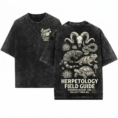 Reptile Vintage Line Art Snake Lizard Turtle Chameleon Graphic Herpetology Nature 90s Style Animal Top Unisex Wash T-Shirt