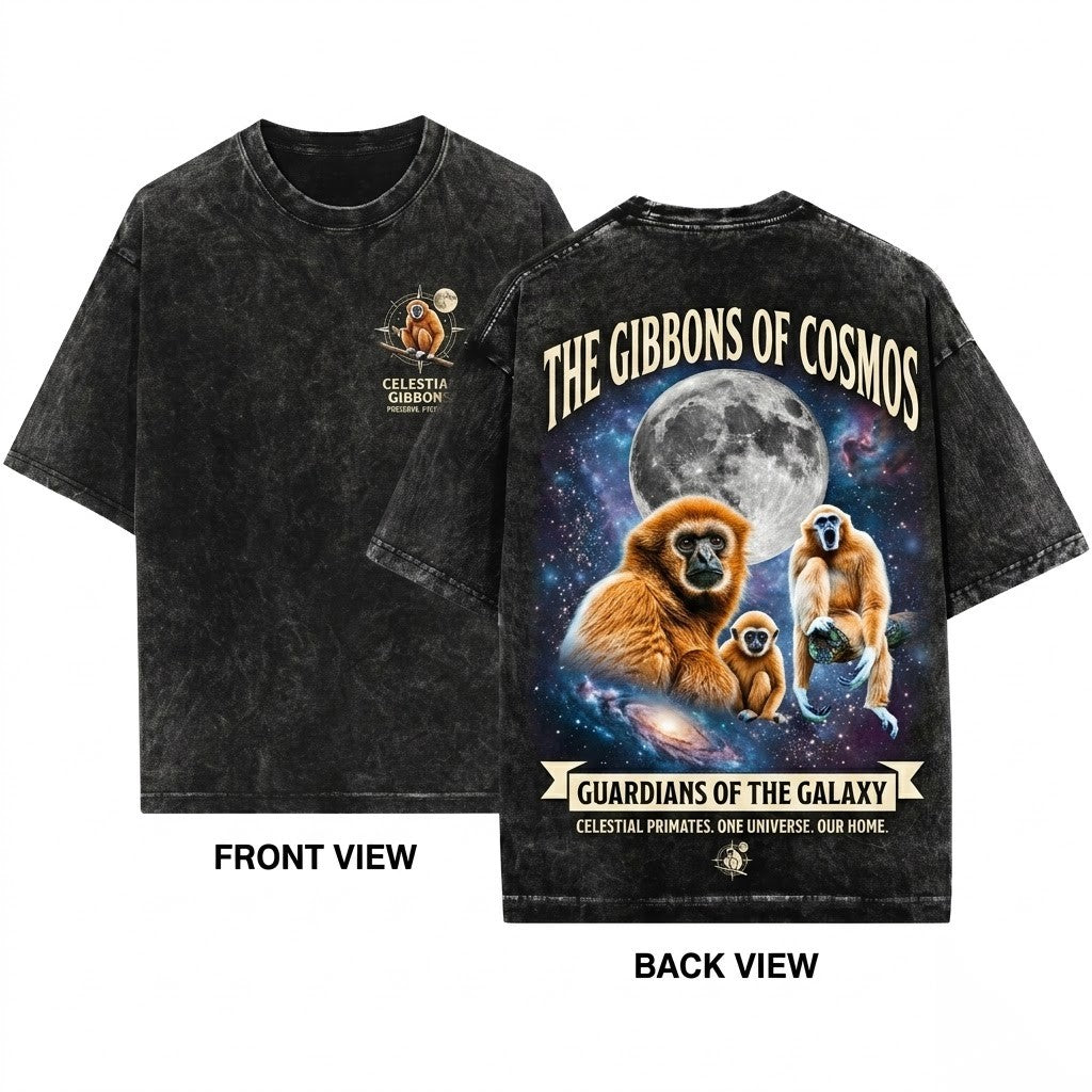Three Gibbon Retro Moon Vintage Graphic Lovers Funny Monkey Silly Gift Oversized Unisex Wash T-Shirt