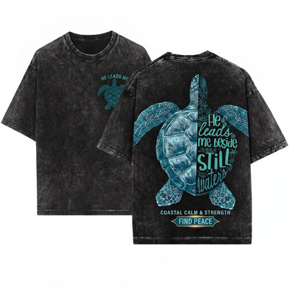 He Leads Me Beside Still Waters Psalm 23 Faith Based Sea Turtle Coastal Christian Beach Unisex Wash T-Shirt