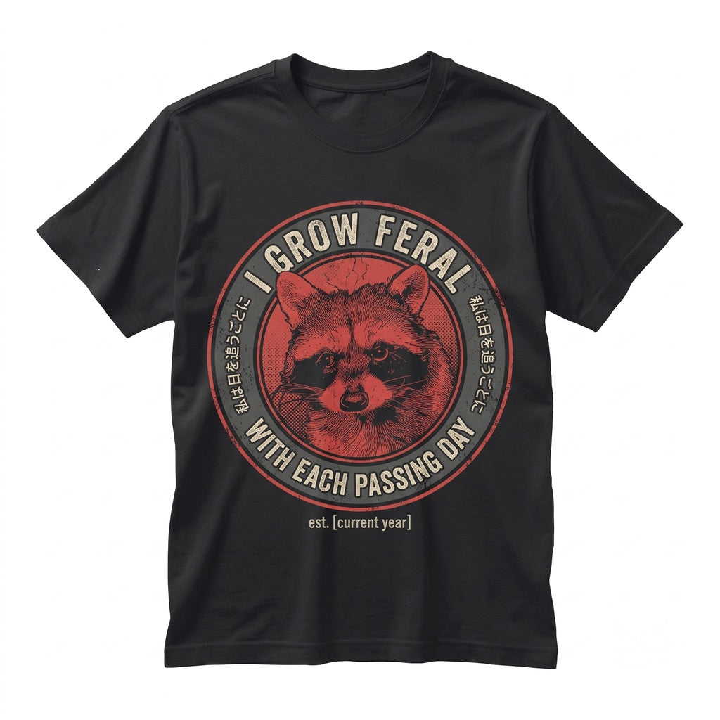 I Grow Feral Raccoon Vintage Retro Japanese Graphic Aesthetic Short Sleeve Cotton Apparel Unisex TShirt