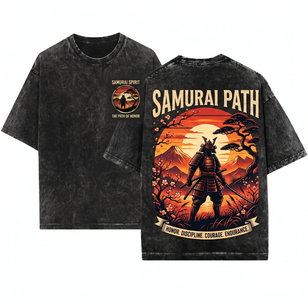 Japanese Samurai Retro Sunset Warrior Graphic Unisex Wash T-Shirt