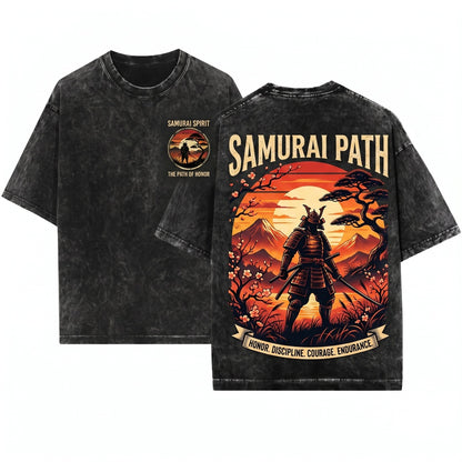 Japanese Samurai Retro Sunset Warrior Graphic Unisex Wash T-Shirt