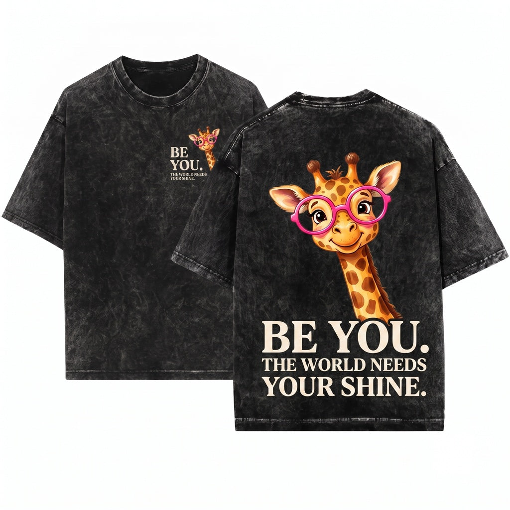 Be You The World Will Adjust Funny Giraffe With Glasses Unisex Wash T-Shirt