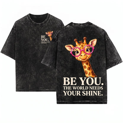 Be You The World Will Adjust Funny Giraffe With Glasses Unisex Wash T-Shirt