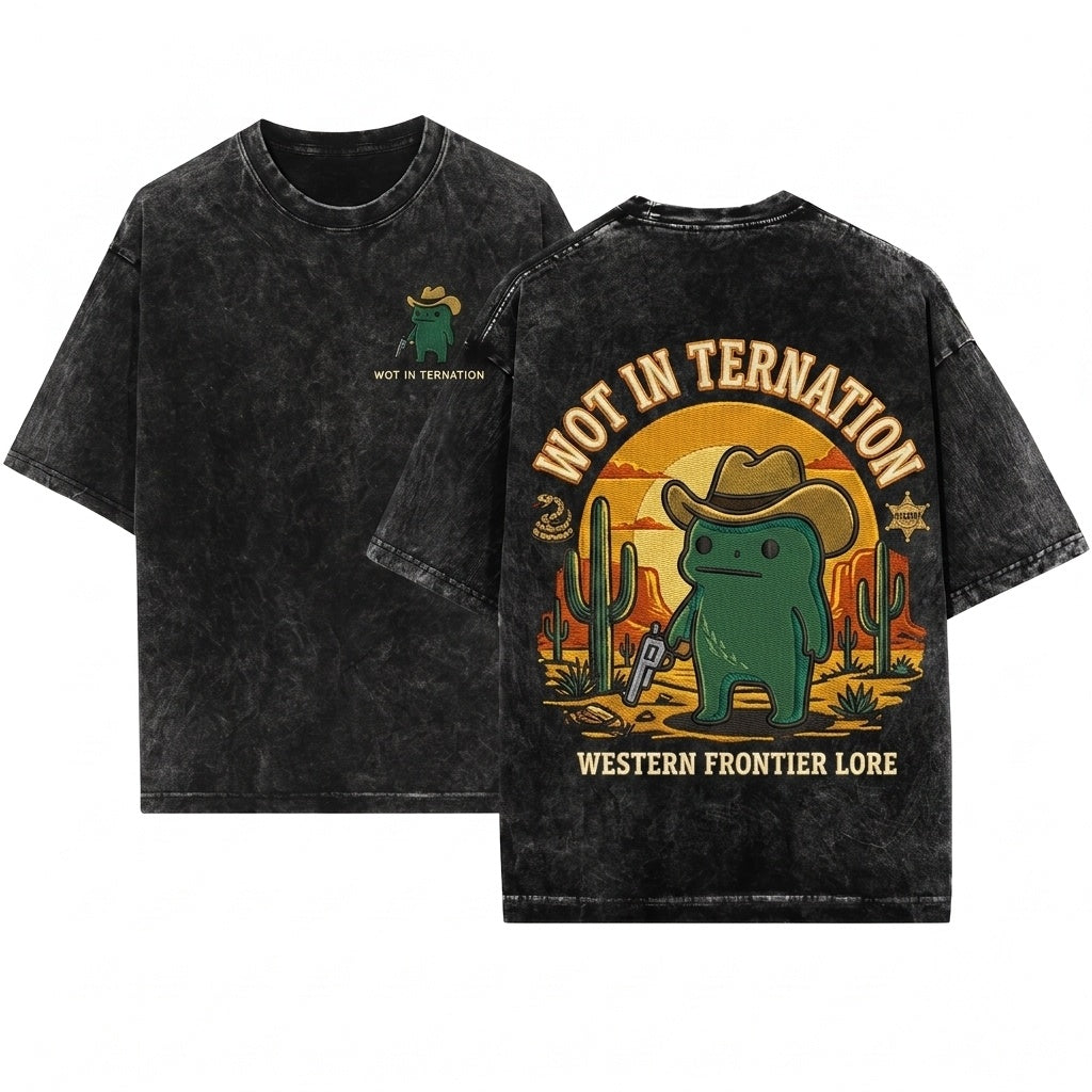 Wot In Tarnation Embroidered Cowboy Frog Unisex Wash T-Shirt