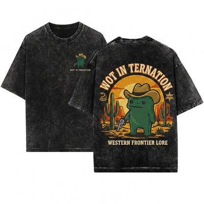 Wot In Tarnation Embroidered Cowboy Frog Unisex Wash T-Shirt