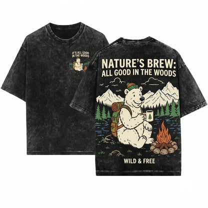 Cute Bear Camping Vintage Forest Nature Graphic Wildlife Gift Unisex Wash T-Shirt