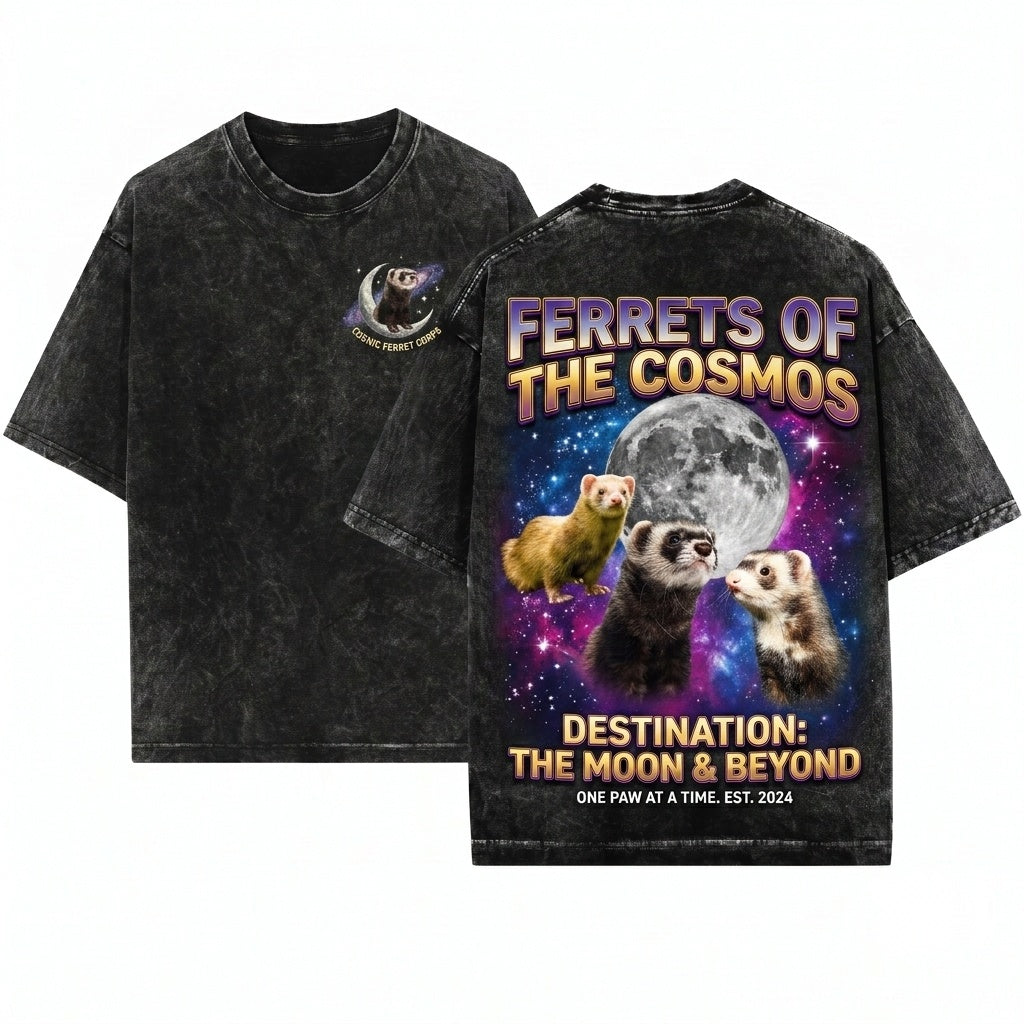 Three Ferret Moon Vintage Cosmic Galaxy Graphic Top Retro Space Animal Polecat Lover Gift Unisex Wash T-Shirt