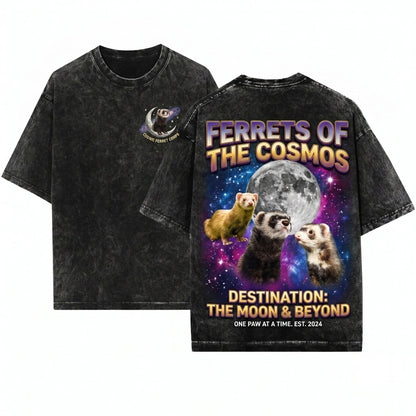 Three Ferret Moon Vintage Cosmic Galaxy Graphic Top Retro Space Animal Polecat Lover Gift Unisex Wash T-Shirt