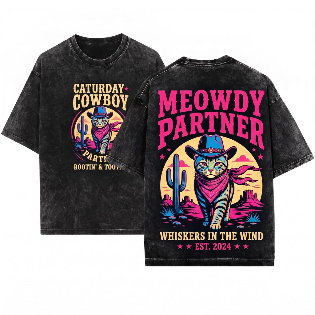 Funny Meowdy Partner Cowboy Cat Western Kitty Rodeo Cowgirl Country Animal Lover Gift Unisex Wash T-Shirt