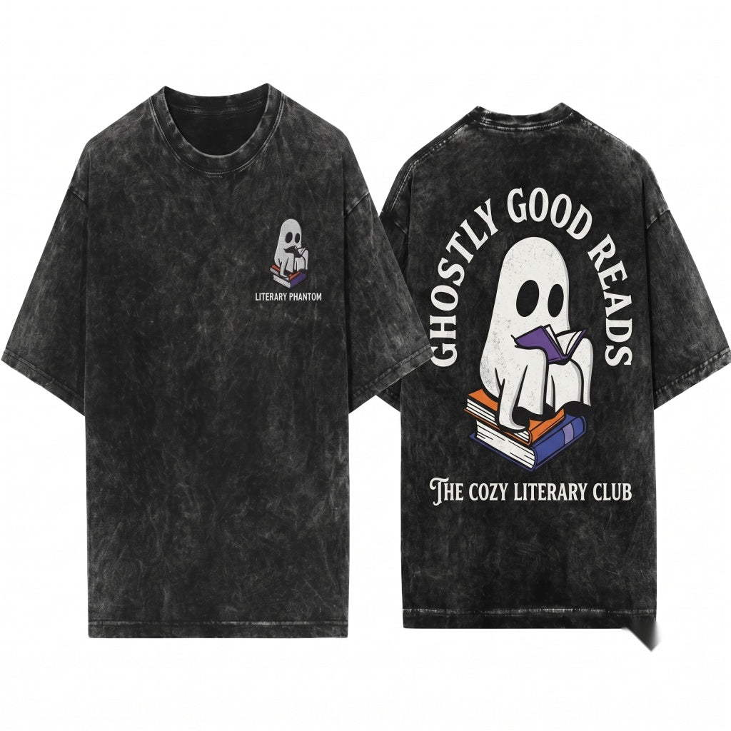 Embroidered Ghost Reading Book Boo Cozy Fall Halloween Spooky Season Teacher Gift Unisex Wash T-Shirt