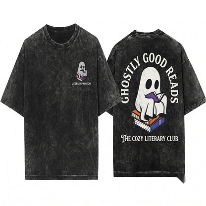 Embroidered Ghost Reading Book Boo Cozy Fall Halloween Spooky Season Teacher Gift Unisex Wash T-Shirt