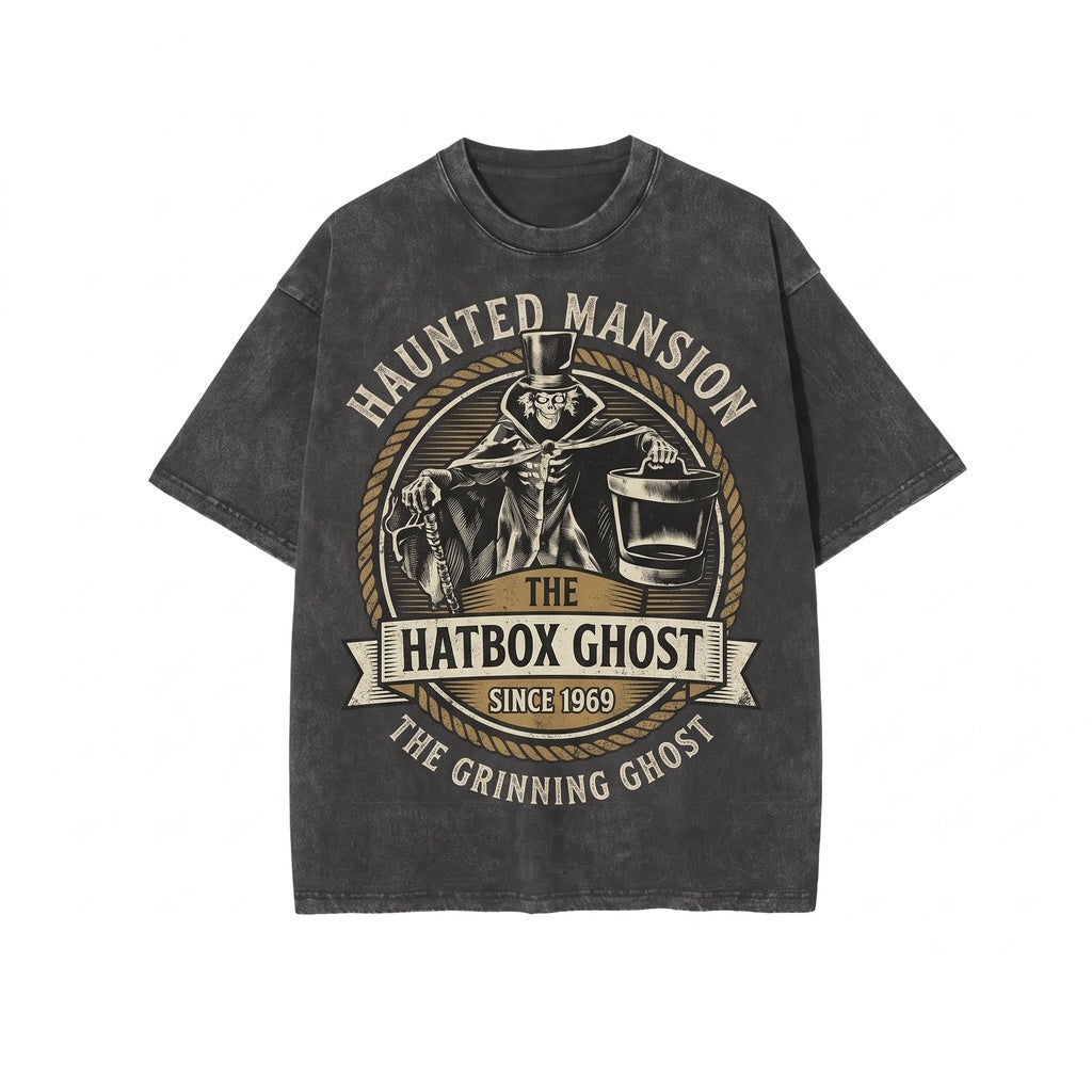 Oversized Hatbox Ghost Haunted Manor Halloween Hitchhiking Spirits Graphic Unisex TShirt