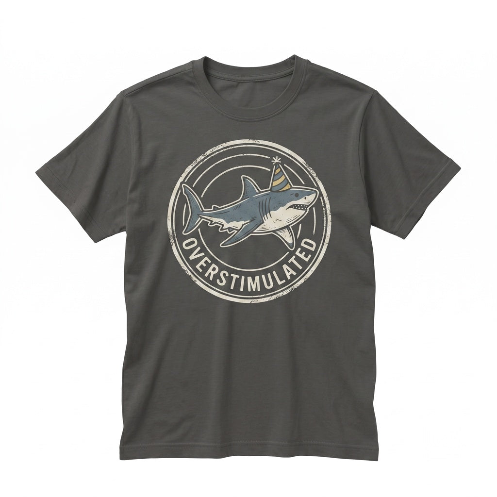 Embroidered Overstimulated Party Hat Shark Funny Weirdcore Neurodivergent Ocean Summer Vibes Unisex TShirt