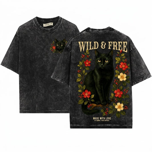 Vintage Black Cat Floral Graphic Cottagecore Boho Botanical Roses Unisex Wash T-Shirt