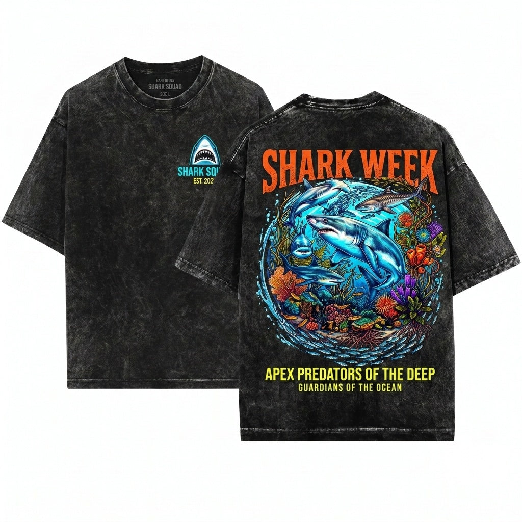 Vintage 90s Retro Marine Life Graphic Great White Hammerhead Sharks Reef Ocean Lover Gift Unisex Wash T-Shirt