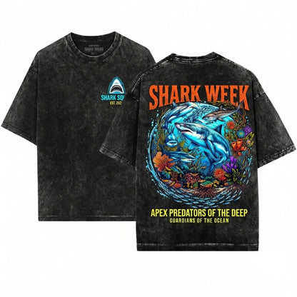 Vintage 90s Retro Marine Life Graphic Great White Hammerhead Sharks Reef Ocean Lover Gift Unisex Wash T-Shirt