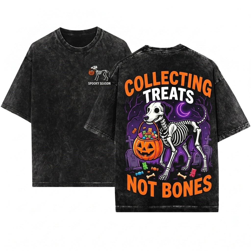 Skeleton Dog Embroidered Cute Halloween Spooky Season Puppy Lover Gift Boo Basket Fall Unisex Wash T-Shirt