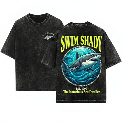 Swim Shady Embroidered Shark Funny Cute Summer Tropical Ocean Beach Travel Vacation Gifts for Lovers Women Men Unisex Wash T-Shirt